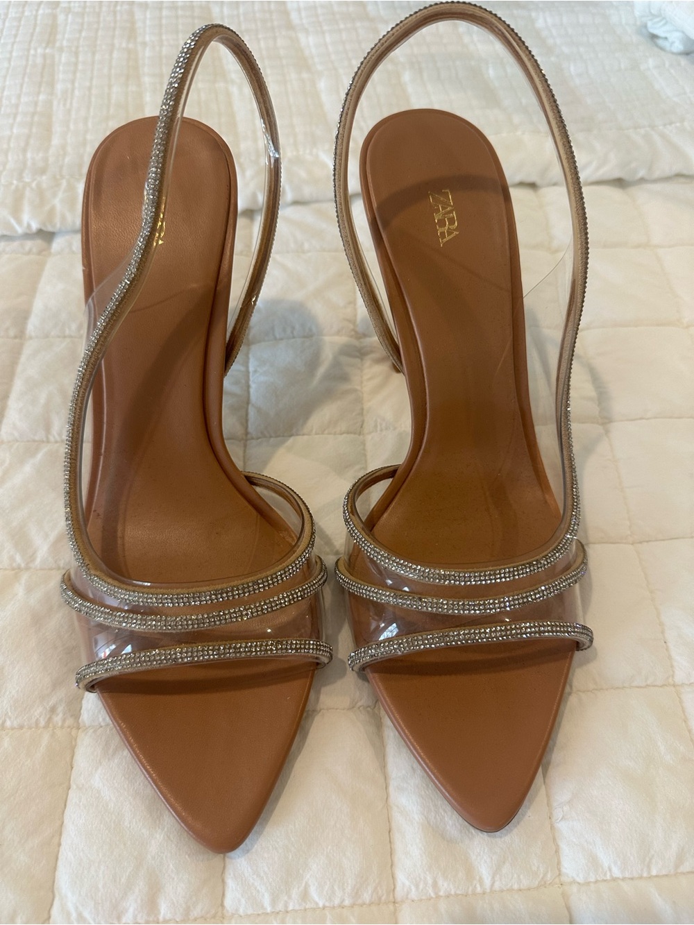 Brand New SZ 10 Tan Pointed Slingback Heels with Clear and Rhinestone Straps